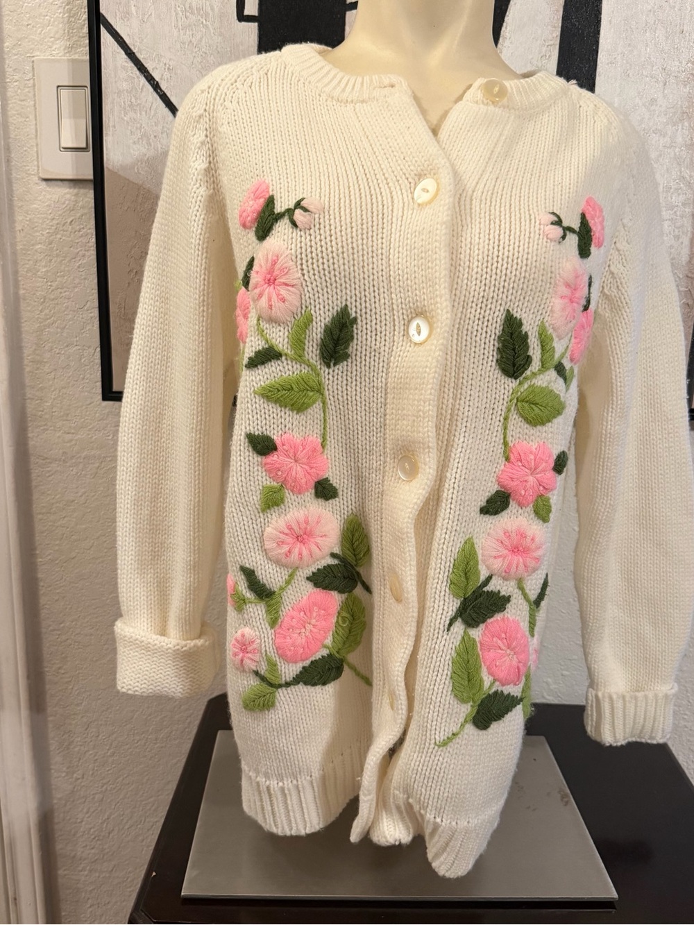Vintage Sears Cream Floral Embroidered Button-Up Sweater Cardigan